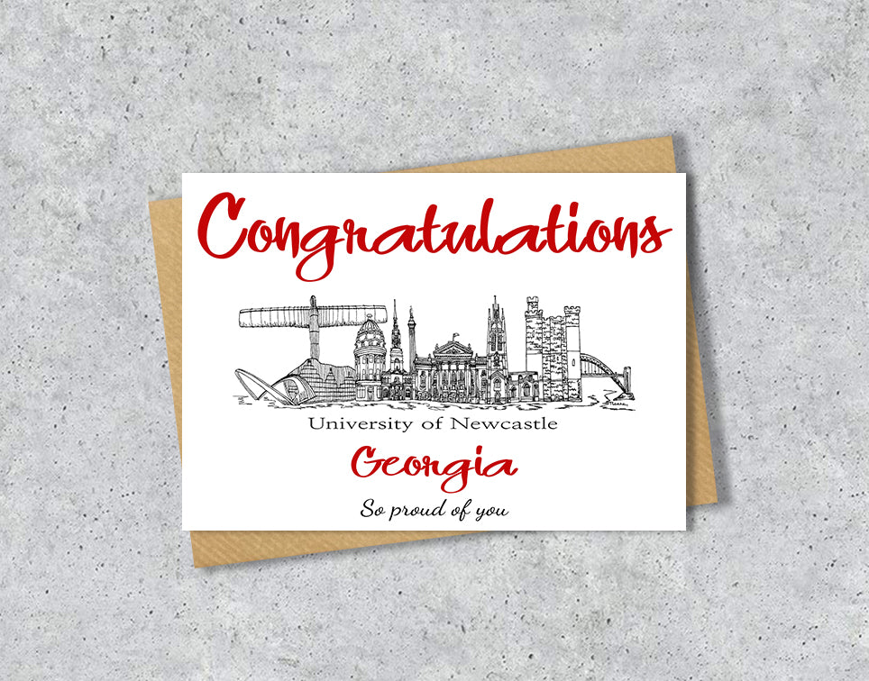 Greeting card with University of Newcastle textile illustration and 'Congratulations' with personalised text.