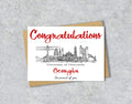 Greeting card with University of Newcastle textile illustration and 'Congratulations' with personalised text.