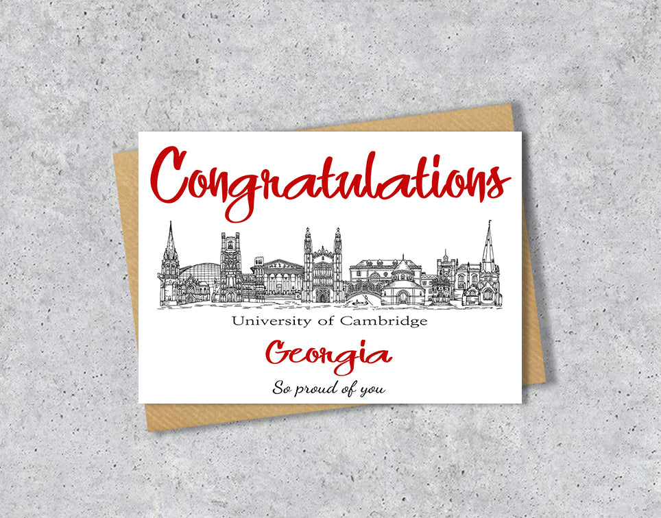 Greeting card with University of Cambridge textile illustration and 'Congratulations' with personalised text.