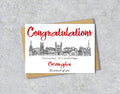 Greeting card with University of Cambridge textile illustration and 'Congratulations' with personalised text.