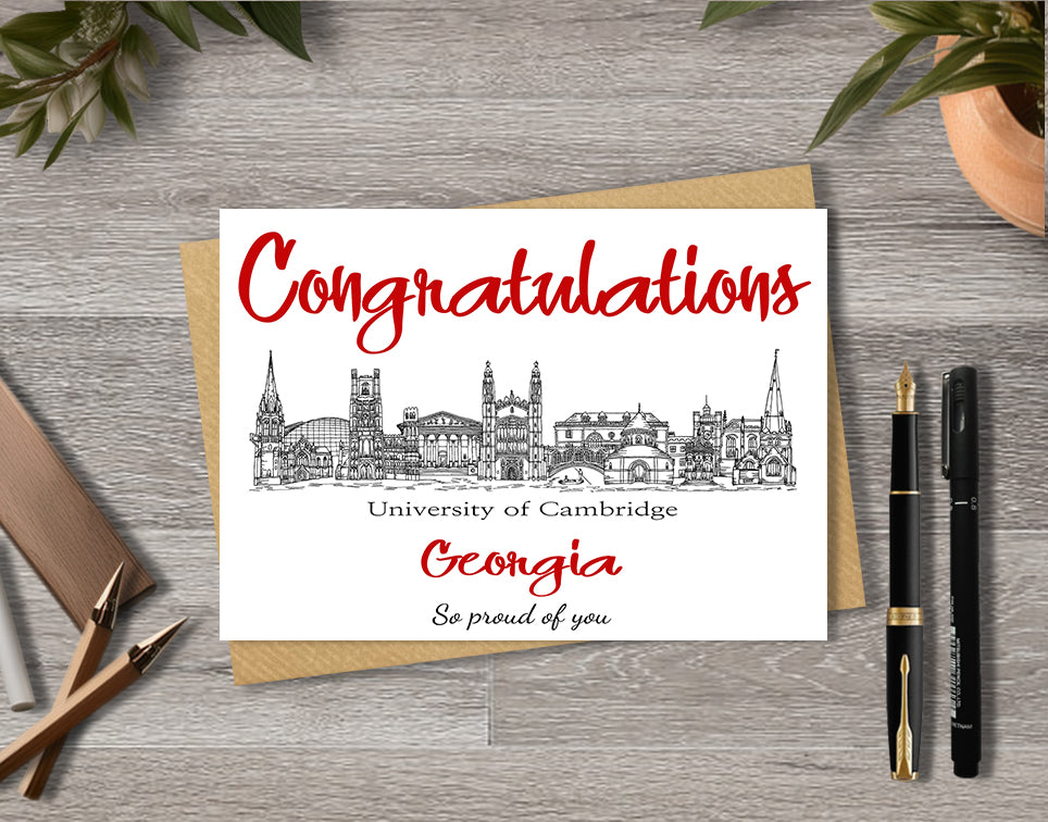 Greeting card with University of Cambridge textile illustration and 'Congratulations' with personalised text.