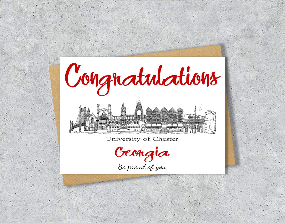 Greeting card with University of Chester textile illustration and 'Congratulations' with personalised text.