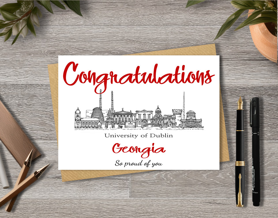 Greeting card with University of Dublin textile illustration and 'Congratulations' with personalised text.