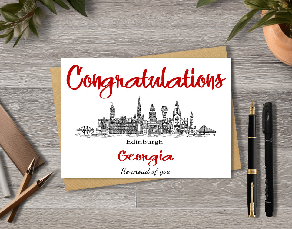 Greeting card with University of Edinburgh textile illustration and 'Congratulations' with personalised text.