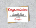 Greeting card with University of Edinburgh textile illustration and 'Congratulations' with personalised text.