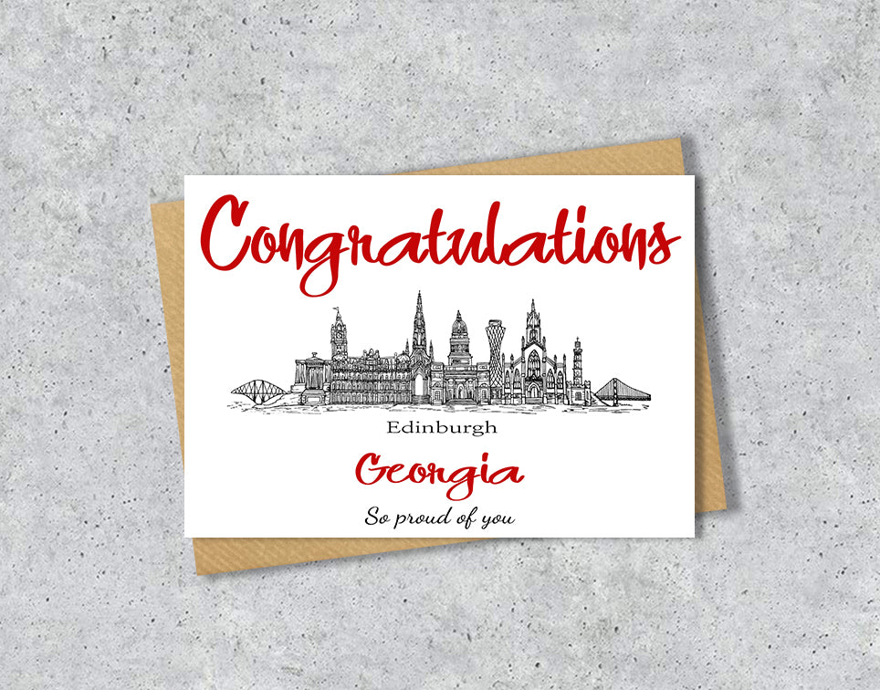 Greeting card with University of Edinburgh textile illustration and 'Congratulations' with personalised text.