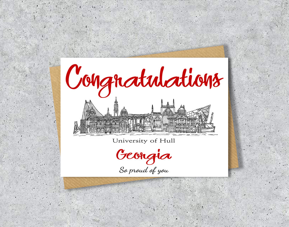 Greeting card with University of Hull textile illustration and 'Congratulations' with personalised text.