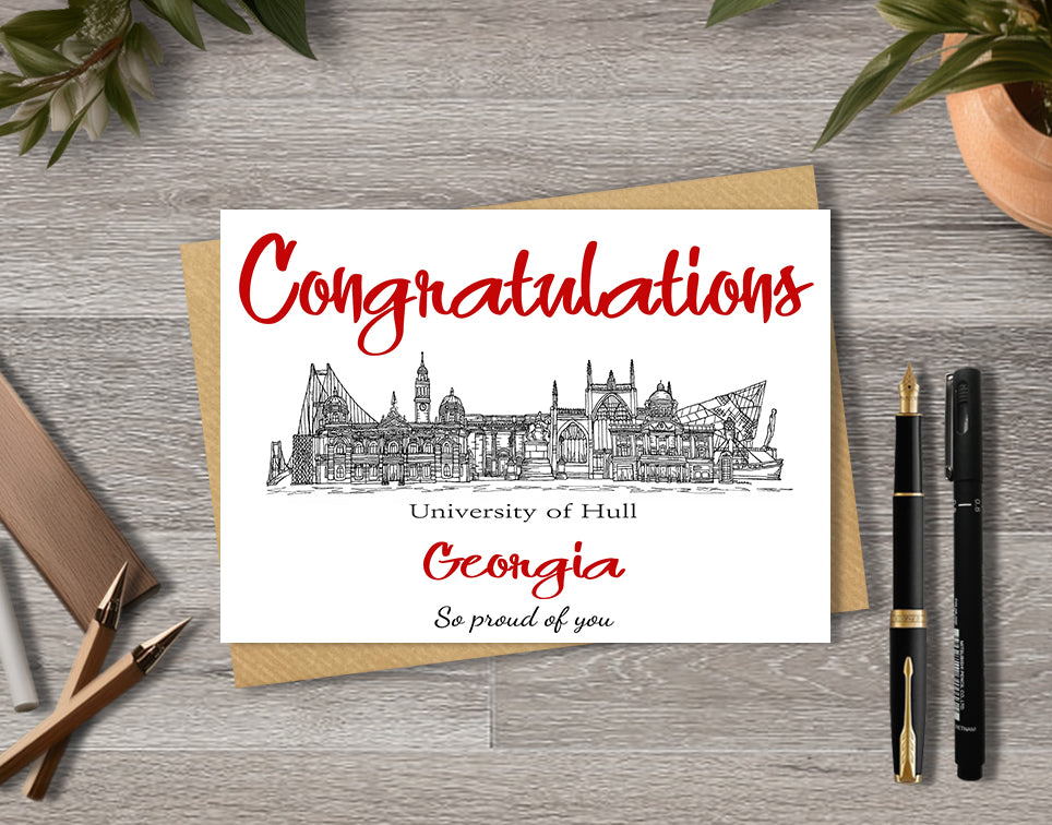 Greeting card with University of Hull textile illustration and 'Congratulations' with personalised text.