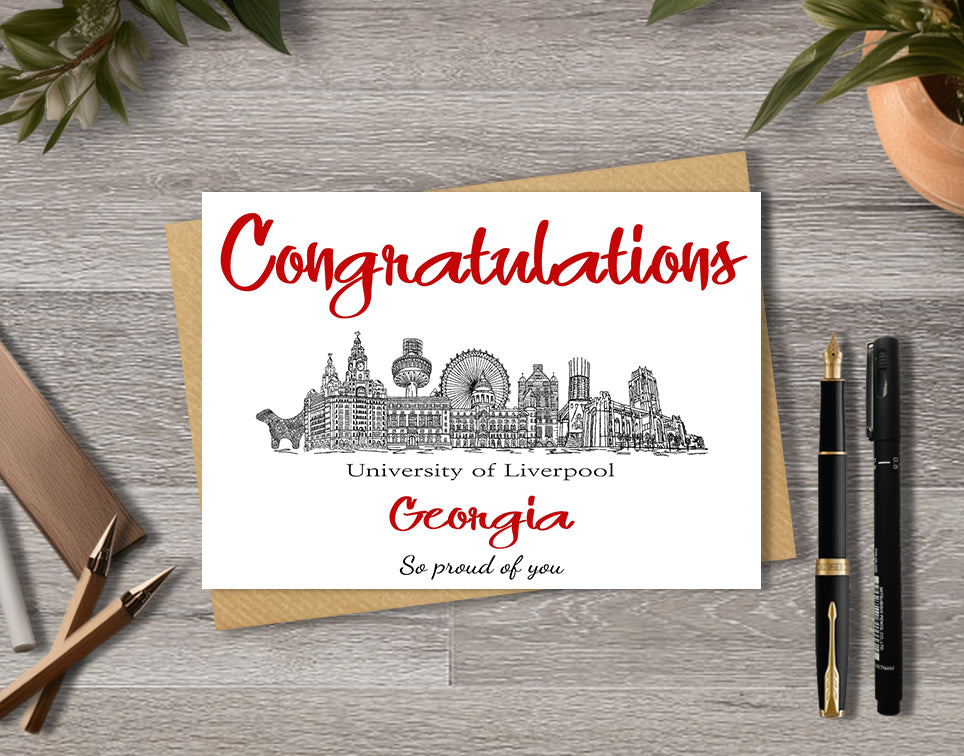 Greeting card with University of Liverpool textile illustration and 'Congratulations' with personalised text.