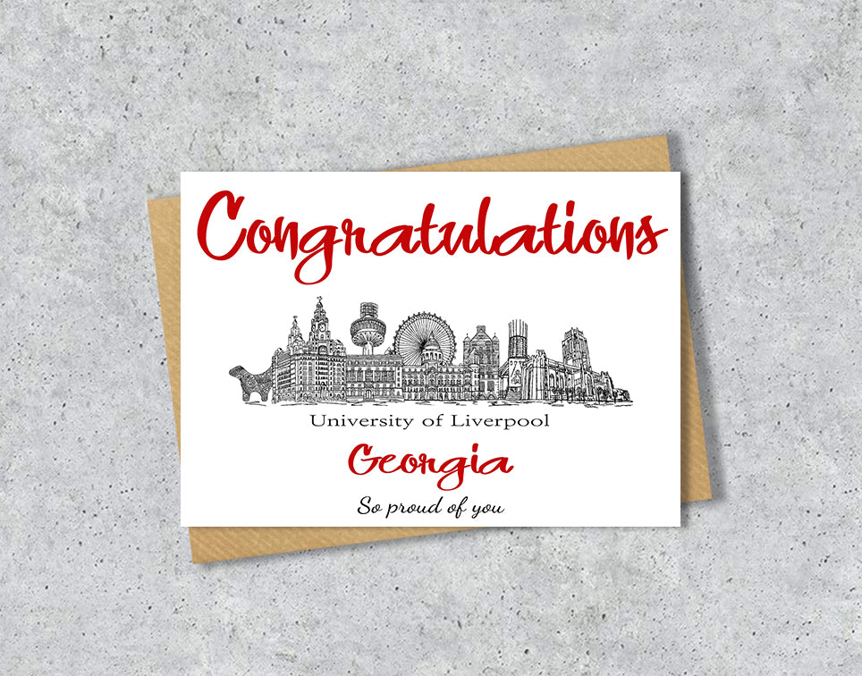 Greeting card with University of Liverpool textile illustration and 'Congratulations' with personalised text.