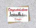 Greeting card with University of Manchester textile illustration and 'Congratulations' with personalised text.