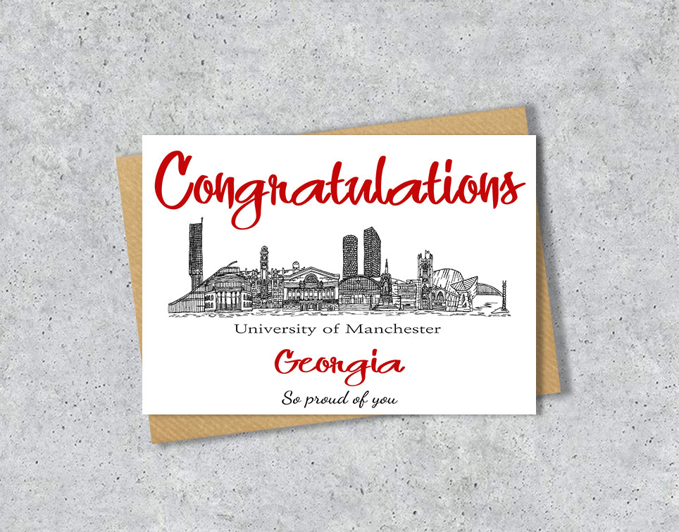 Greeting card with University of Manchester textile illustration and 'Congratulations' with personalised text.