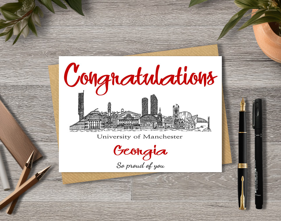 Greeting card with University of Manchester textile illustration and 'Congratulations' with personalised text.