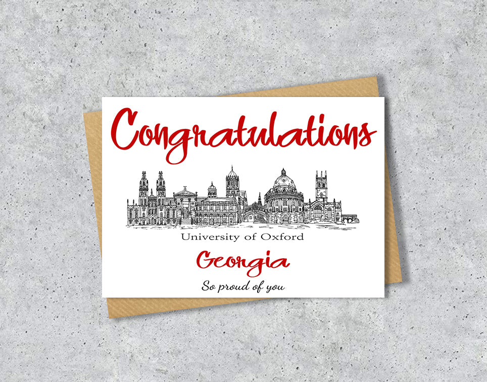 Greeting card with University of Oxford textile illustration and 'Congratulations' with personalised text.