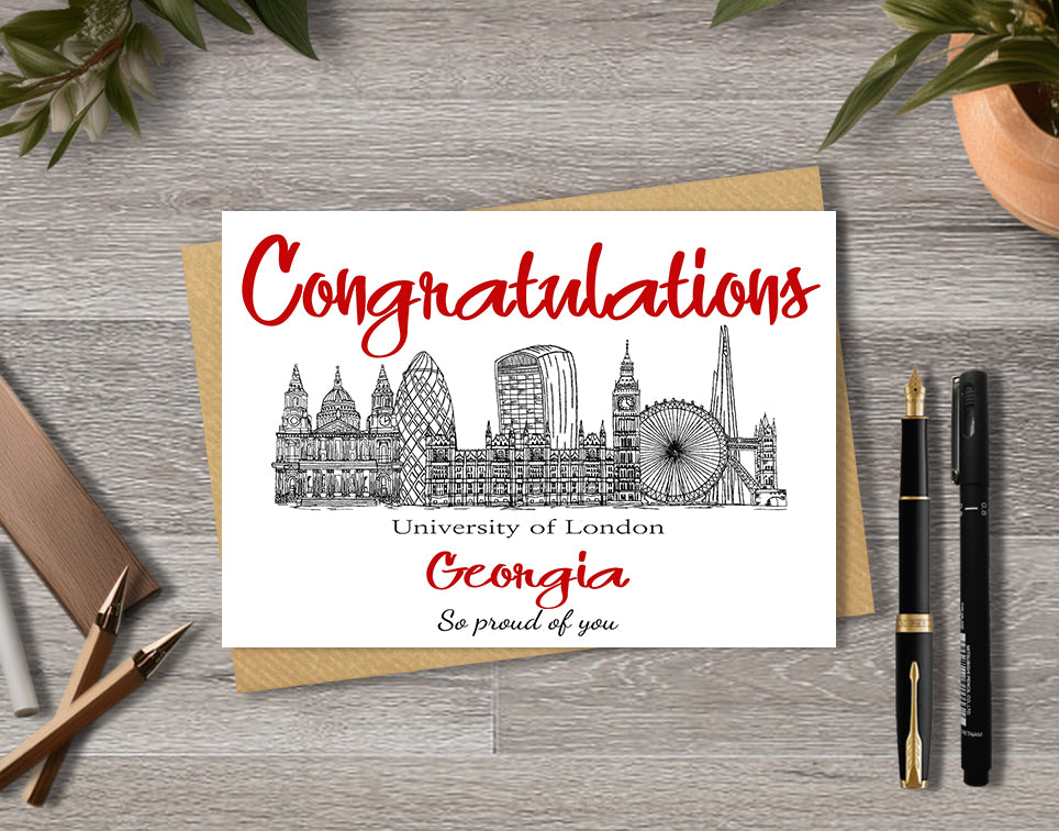 Greeting card with University of London textile illustration and 'Congratulations' with personalised text.