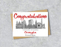 Greeting card with University of London textile illustration and 'Congratulations' with personalised text.