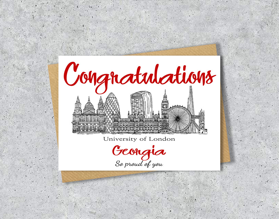 Greeting card with University of London textile illustration and 'Congratulations' with personalised text.