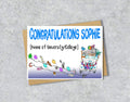 Greeting card with 'Congratulations'  university-themed illustration with personalised text.