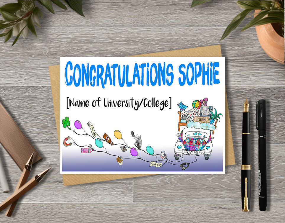 Greeting card with 'Congratulations'  university-themed illustration with personalised text.