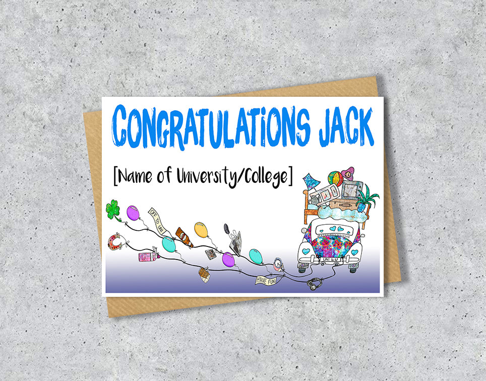 Greeting card with 'Congratulations'  university-themed illustration with personalised text.