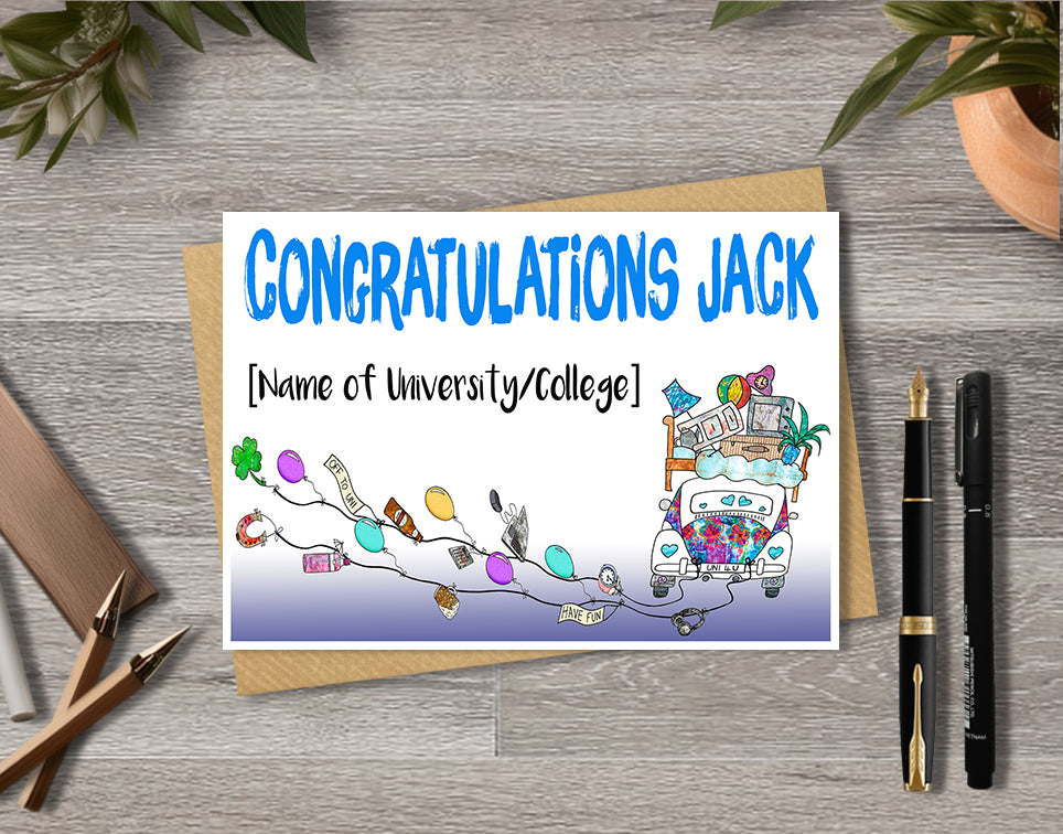 Greeting card with 'Congratulations'  university-themed illustration with personalised text.