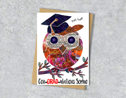Graduation-themed card with an owl wearing a cap and personalised text.