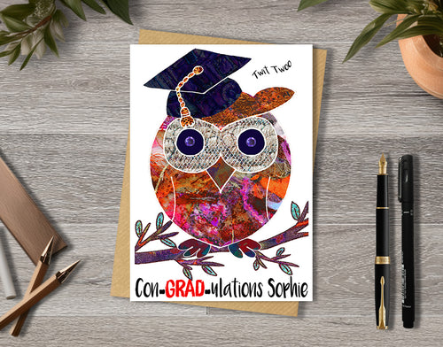 Graduation-themed card with an owl wearing a cap and personalised text.