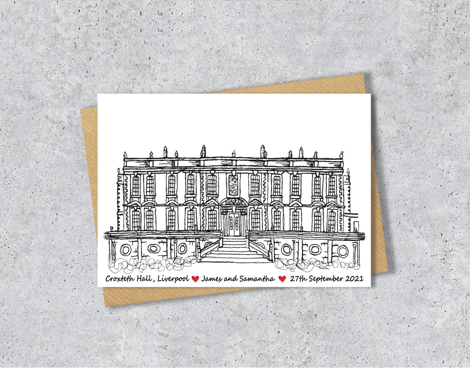 Wedding / Anniversary card with a black and white textile illustration of Croxteth Hall Liverpool with personalised text.