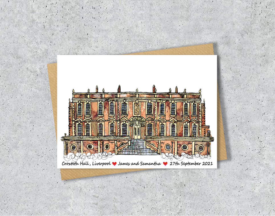 Wedding / Anniversary card with a textile illustration of Croxteth Hall Liverpool with personalised text.