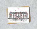 Wedding / Anniversary card with a black and white textile illustration of Croxteth Hall Liverpool and red hearts with personalised text.