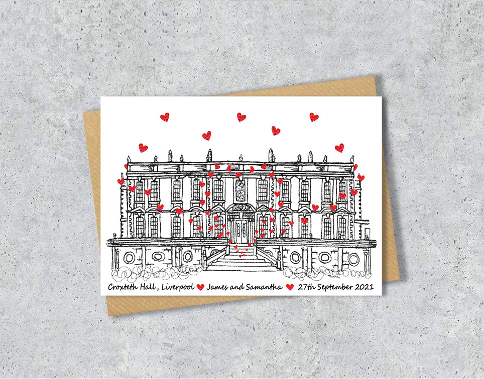 Wedding / Anniversary card with a black and white textile illustration of Croxteth Hall Liverpool and red hearts with personalised text.