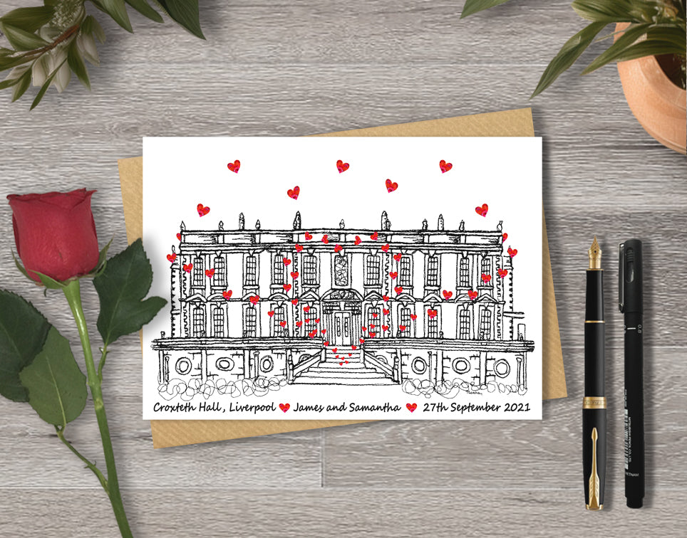 Wedding / Anniversary card with a black and white textile illustration of Croxteth Hall Liverpool and red hearts with personalised text.