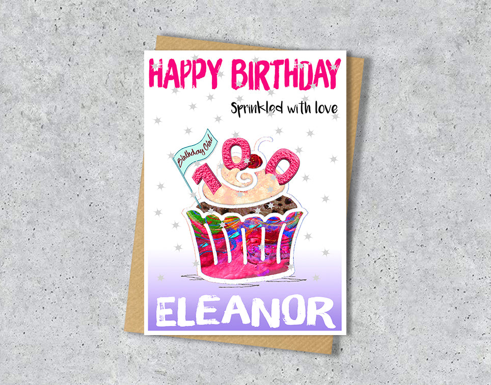 Birthday card with a colorful cupcake illustration with age 100 and personalised text 