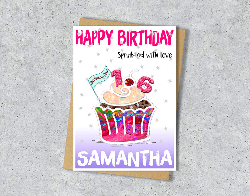 Birthday card with a colorful cupcake illustration with age 16 and personalised text 