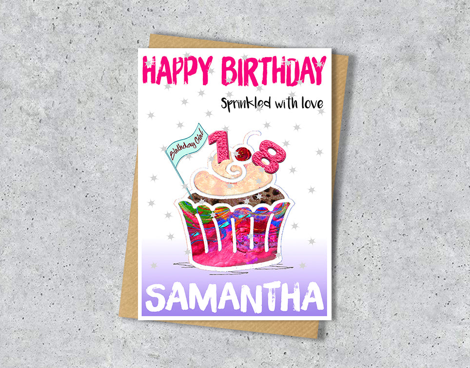 Birthday card with a colorful cupcake illustration with age 18 and personalised text 