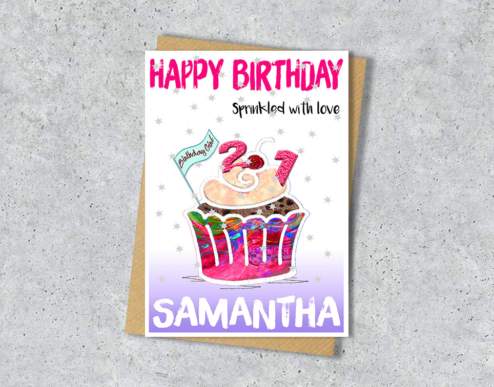 Birthday card with a colorful cupcake illustration with age 21 and personalised text 