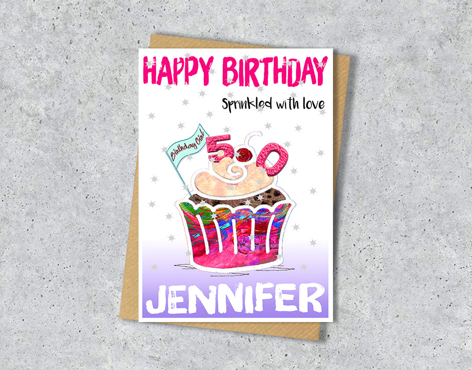 Birthday card with a colorful cupcake illustration with age 50 and personalised text 