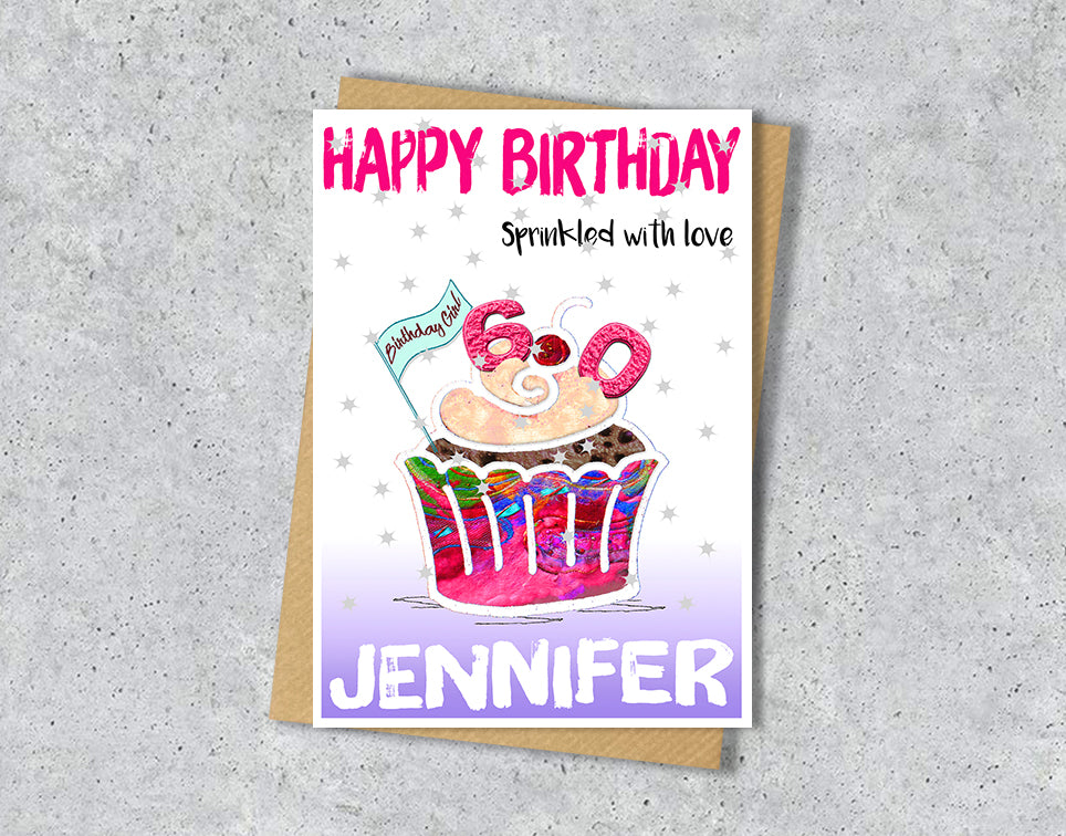 Birthday card with a colorful cupcake illustration with age 60 and personalised text 
