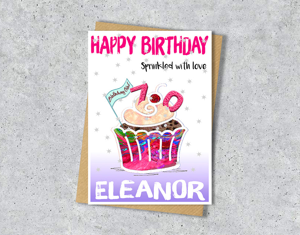 Birthday card with a colorful cupcake illustration with age 70 and personalised text 