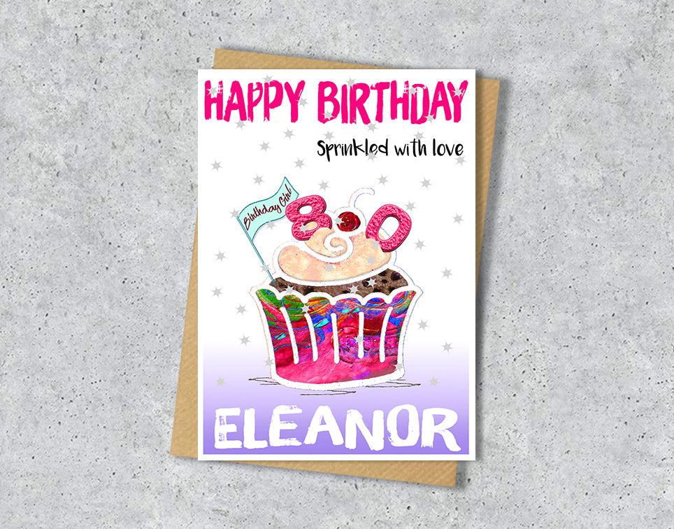 Birthday card with a colorful cupcake illustration with age 80 and personalised text 