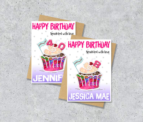 Birthday cards with a colorful cupcake illustration with age 40 and 8 and personalised text 