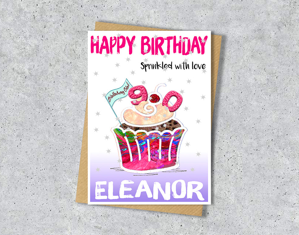 Birthday card with a colorful cupcake illustration with age 90 and personalised text 