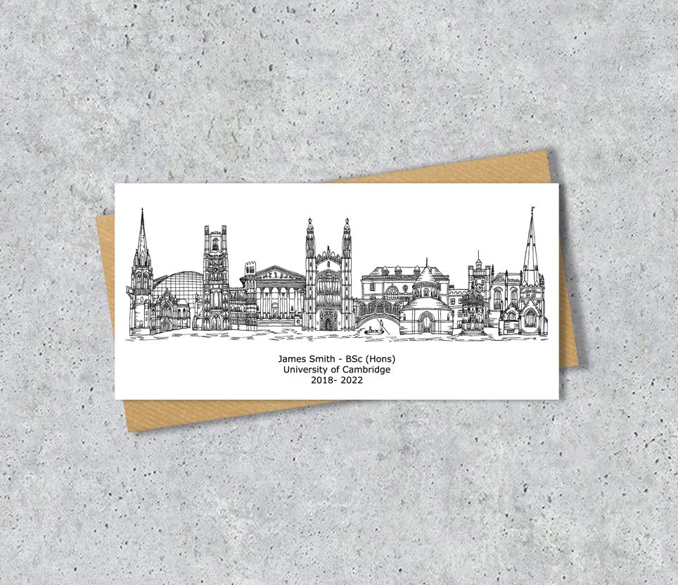 Cambridge Skyline Graduation or Housewarming Card, Personalised, Cambridge landmarks, Black White, Red Hearts