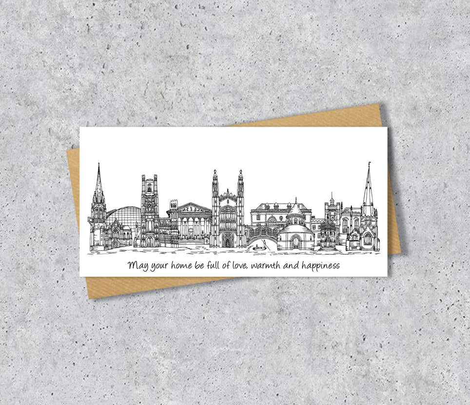 Cambridge Skyline Graduation or Housewarming Card, Personalised, Cambridge landmarks, Black White, Red Hearts