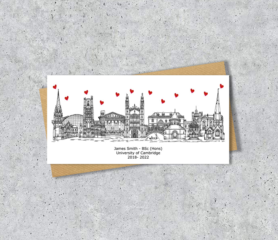 Cambridge Skyline Graduation or Housewarming Card, Personalised, Cambridge landmarks, Black White, Red Hearts