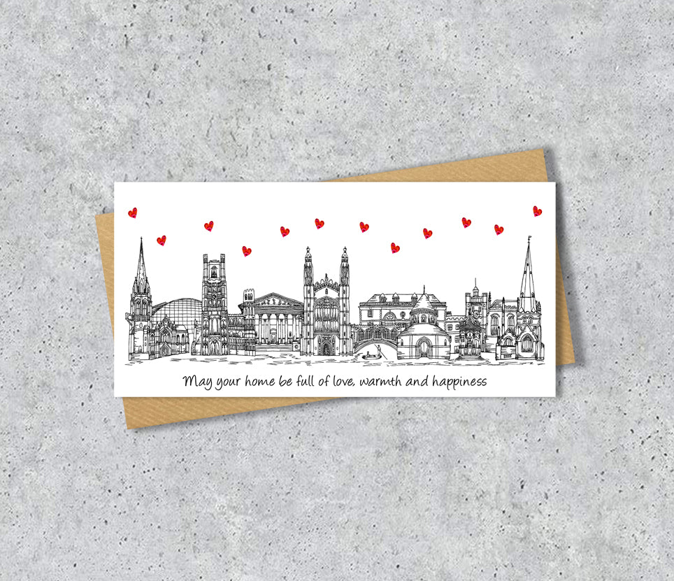 Cambridge Skyline Graduation or Housewarming Card, Personalised, Cambridge landmarks, Black White, Red Hearts