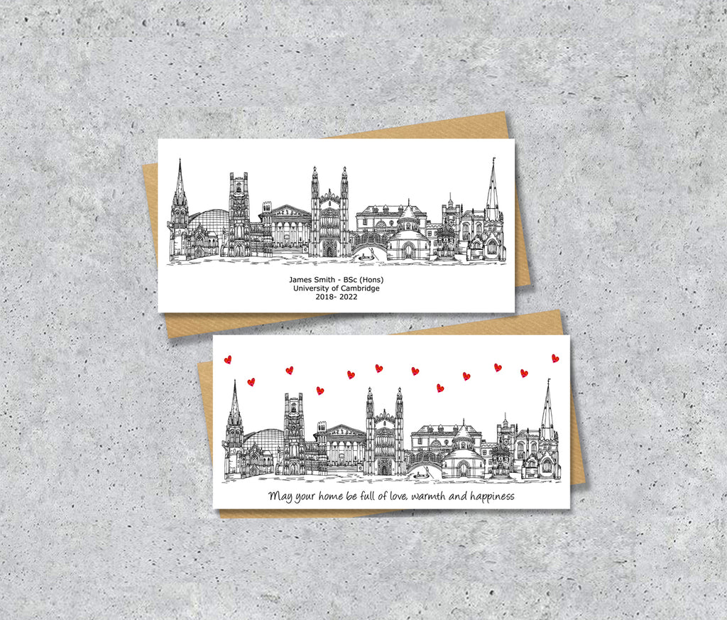 Cambridge Skyline Graduation or Housewarming Card, Personalised, Cambridge landmarks, Black White, Red Hearts