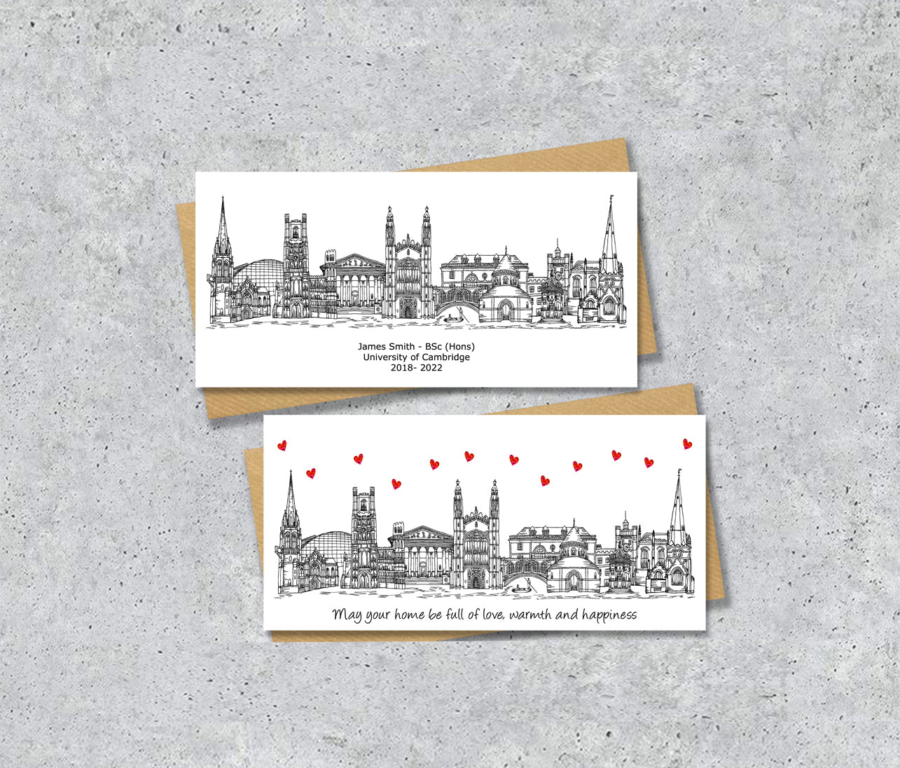 Cambridge Skyline Graduation or Housewarming Card, Personalised, Cambridge landmarks, Black White, Red Hearts