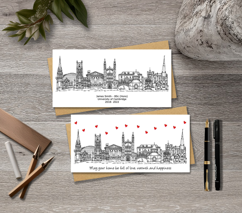 Cambridge Skyline Graduation or Housewarming Card, Personalised, Cambridge landmarks, Black White, Red Hearts