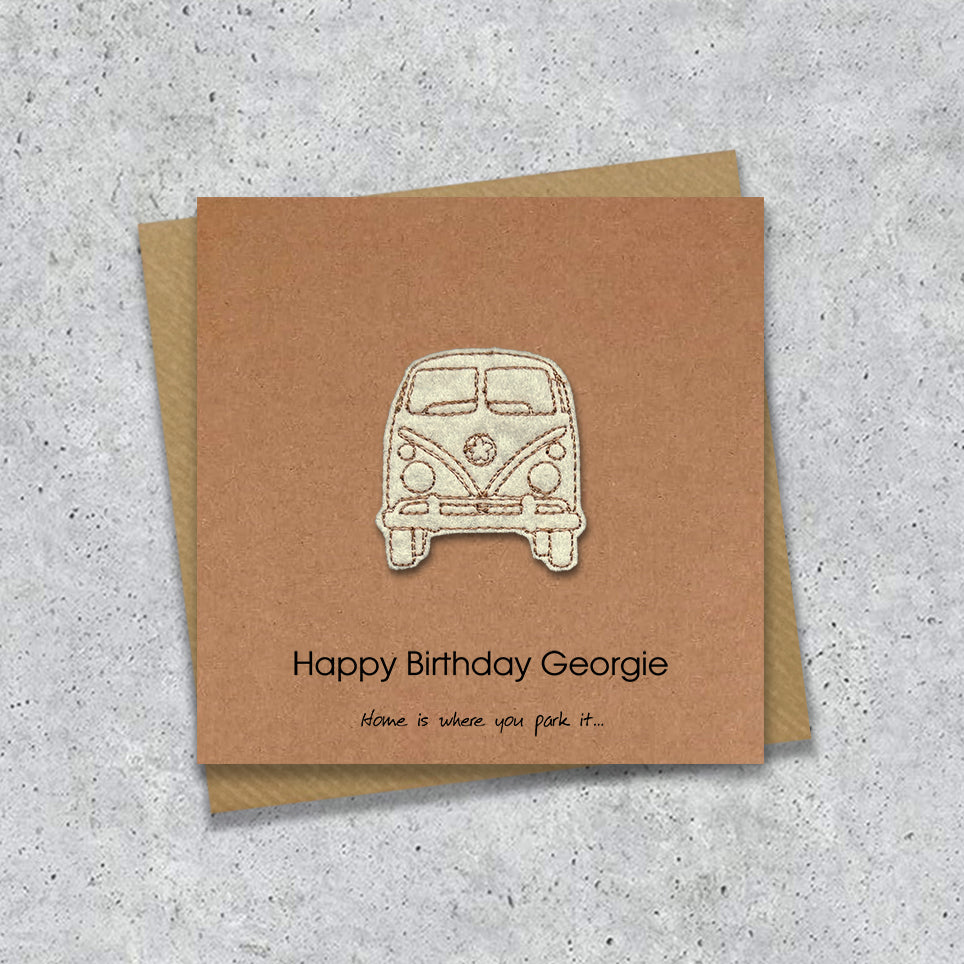 Kraft Birthday card with embroidered campervan design and personalised text